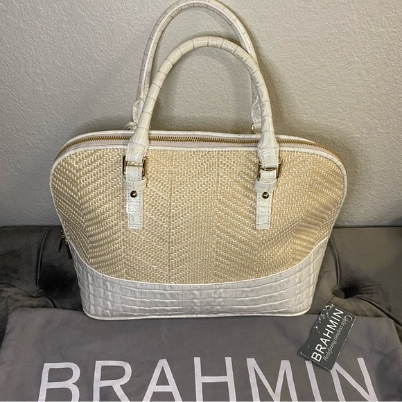 Like New & Rare Brahmin Vivian Macaroon Raffia Croc Embossed Genuine Leather Bag - Picture 2 of 16